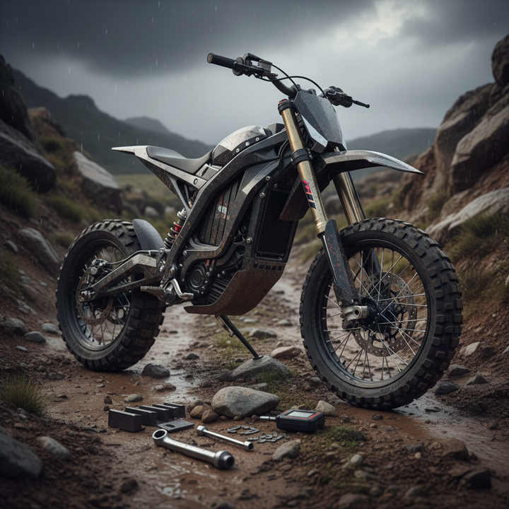 A high-power electric dirt bike on a rugged muddy trail with maintenance tools and parts in the foreground.