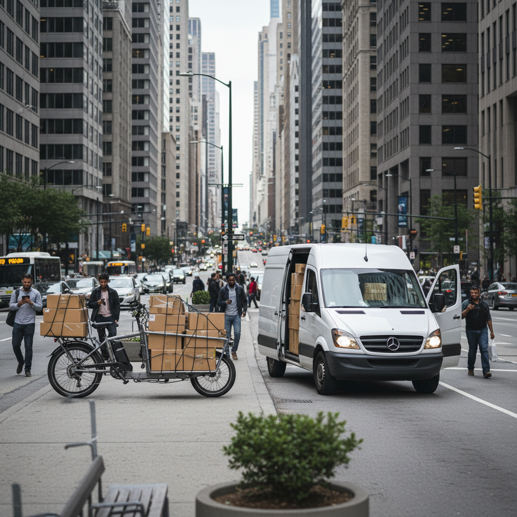 A heavy-duty cargo e-bike loaded with delivery parcels is shown beside a traditional delivery van on a busy modern city street, illustrating last-mile logistics contrast.
