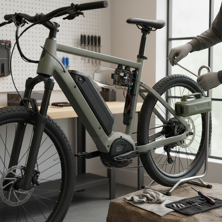A rugged modular e-bike being repaired at home with standard hand tools, showing removable components and an industrial design.