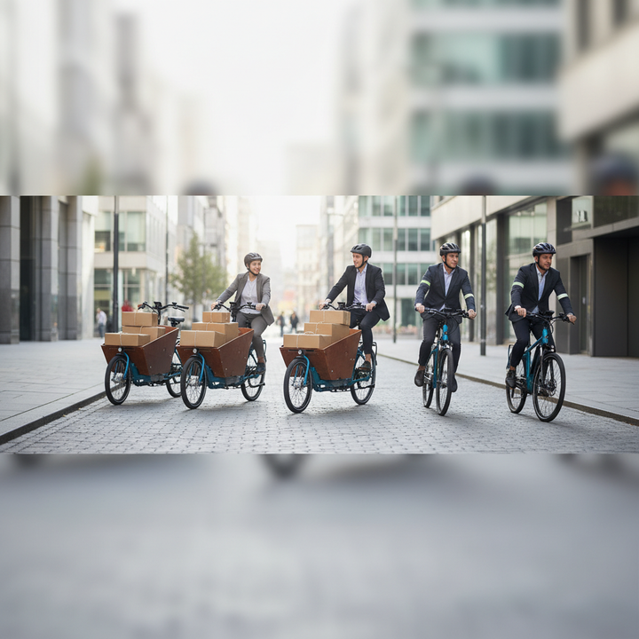 A modern urban delivery scene with a fleet of cargo e-bikes and a subtle business analytics feel suggesting return on investment.