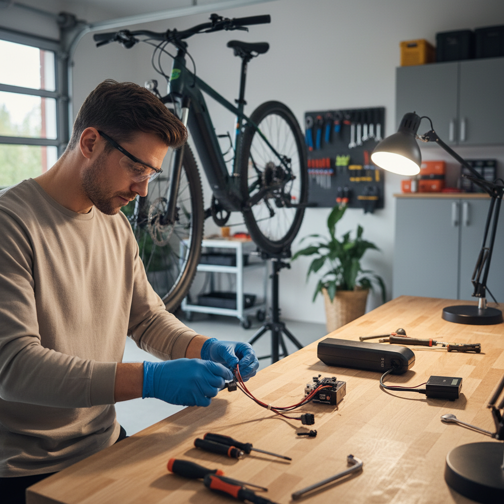 A person safely troubleshooting an e-bike at home in a clean workshop with tools and modular parts visible.
