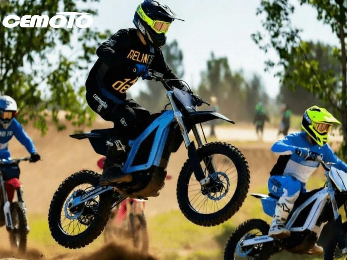 Rider performing a jump on a blue CEMOTO electric dirt bike during an off-road motocross race.