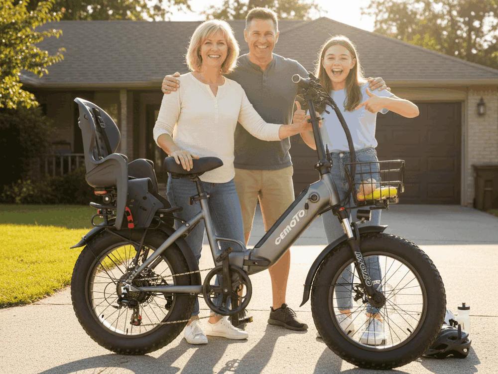 Happy family of three posing with a gray Cemoto electric cargo bike equipped with a child seat and front basket in a residential driveway