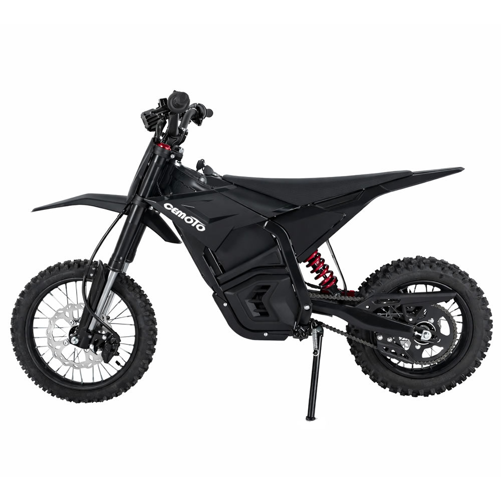 Black Cemoto electric dirt bike side view on white background