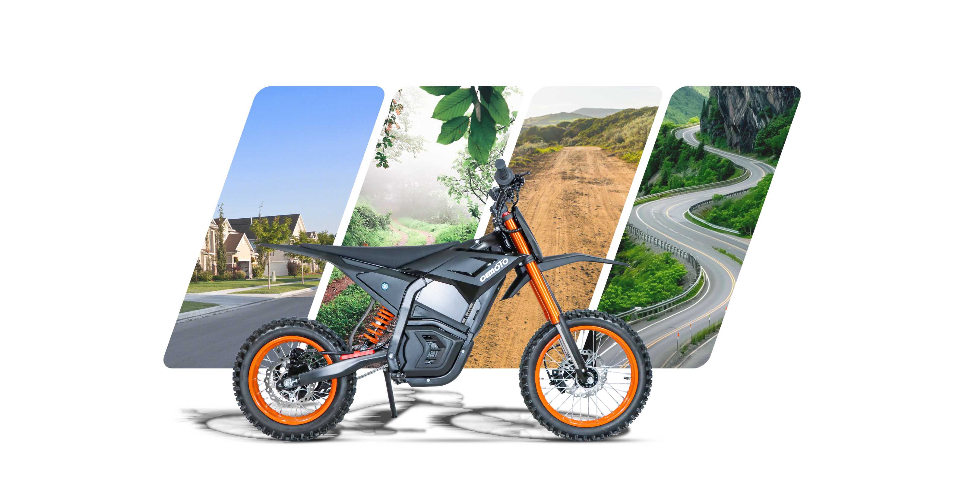 Black and orange electric dirt bike for adults shown against a collage of city streets, forest trails, desert paths, and mountain roads.