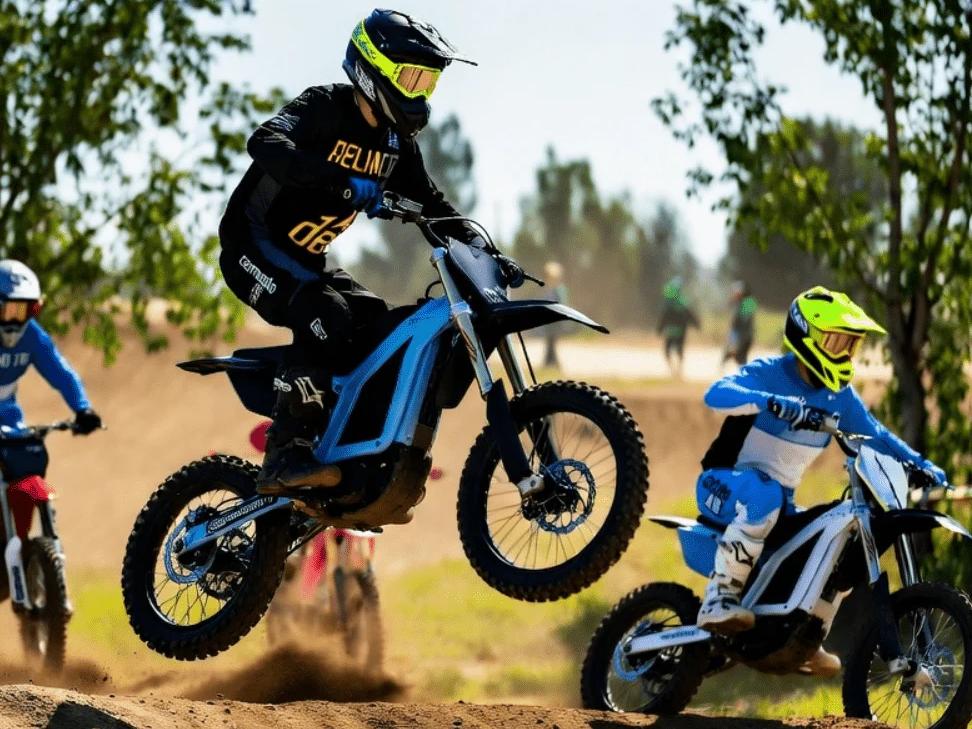 Motocross rider performing a jump on a blue electric dirt bike on a dirt track with other riders in the background
