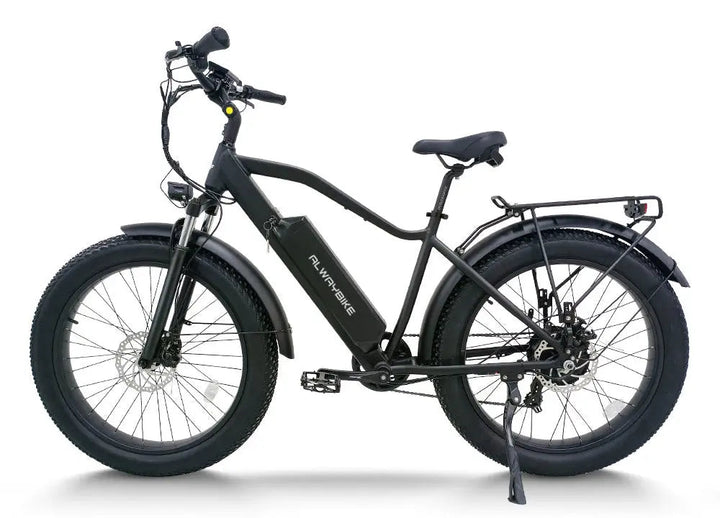 A high-step fat-tire electric bike positioned outdoors for a broad product and value overview.