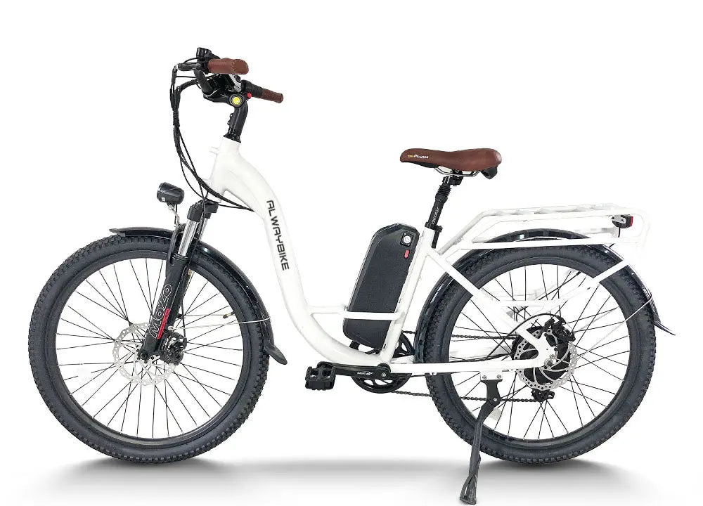Hero image showing an electric commuter bike ready for a daily ride through an urban environment.
