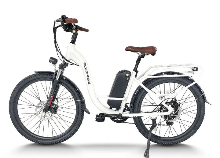 A fully assembled electric city commuter bike is presented in a clean garage as the starting point for an e-bike assembly and first-ride safety check.