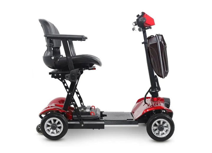 CEMOTO Light-Weight Folding 4-Wheel Electric Mobility Scooter EM10 - Lightweight folding 4-wheel electric mobility scooter with red alloy frame and black seat