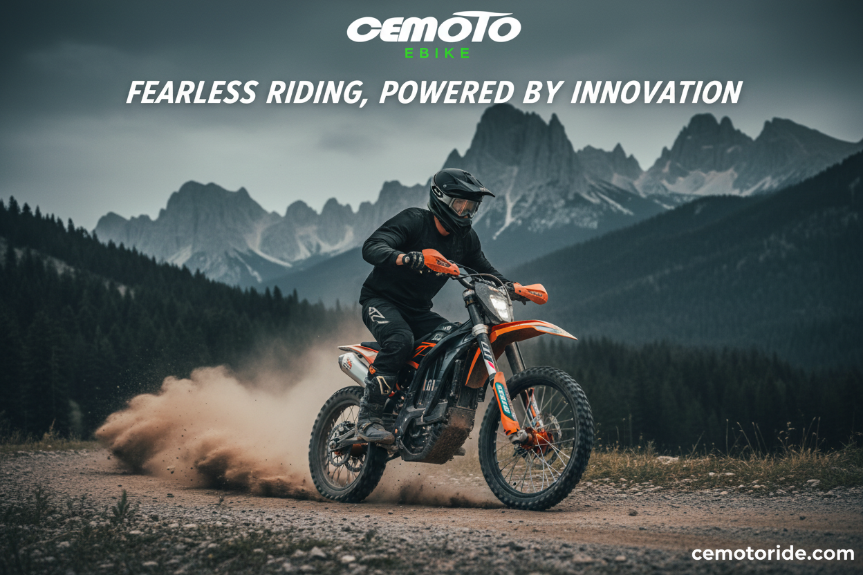 CEMOTO electric dirt bike rider kicking up dust on a mountain trail with "Fearless Riding" slogan.