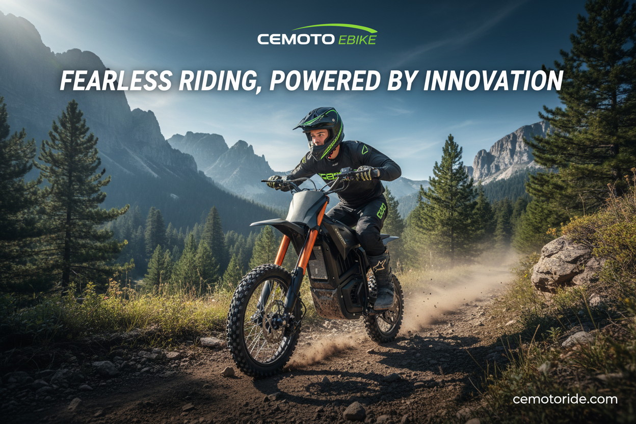 CEMOTO electric dirt bike rider on a scenic forest trail with mountains and "Fearless Riding" brand slogan.