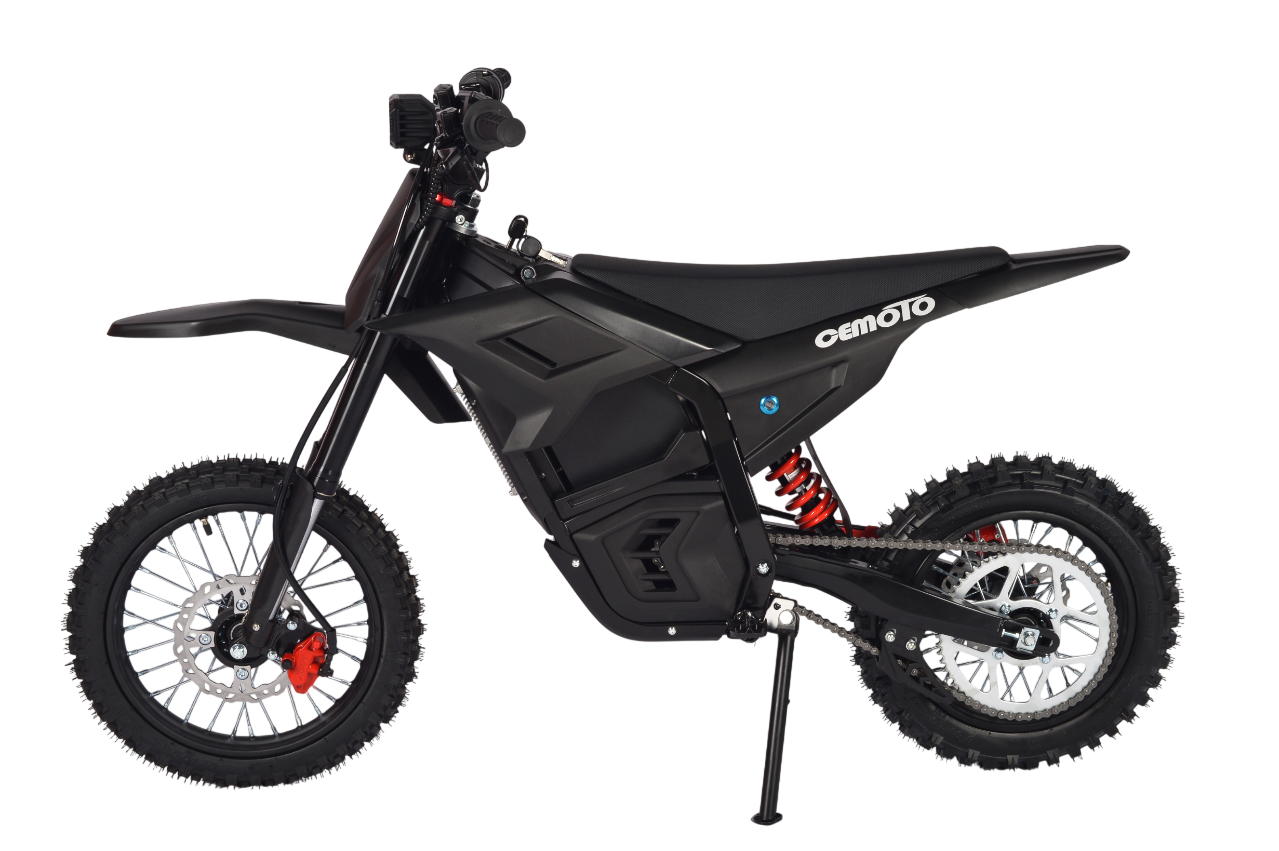 Side view of a black D-Series electric dirt bike with off-road tires and suspension.