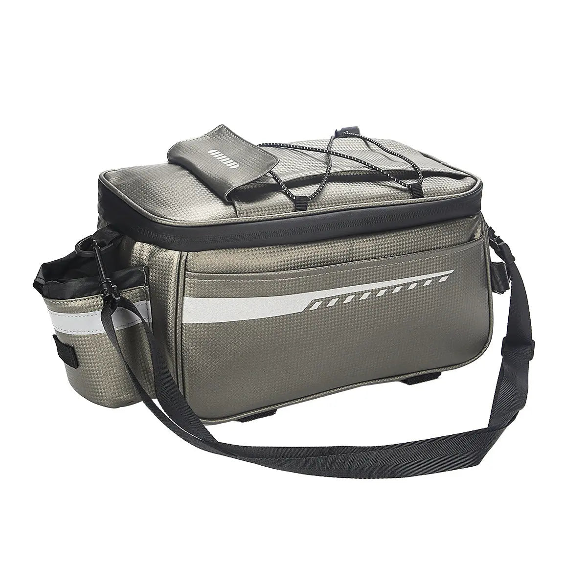 ASBR-H06 PU bicycle rack bag in bronze gold, water-resistant, with reflective stripe detail.