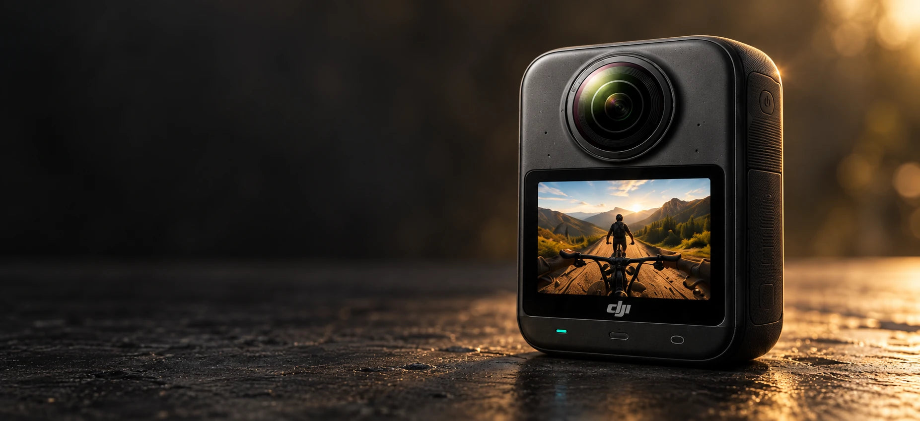Illustrative DJI camera with a prominent lens, resting on a natural dark surface
