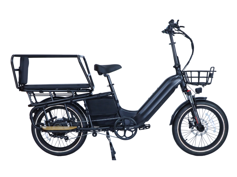 Black CEMOTO B69 heavy-duty cargo electric bike with passenger seat and front basket.